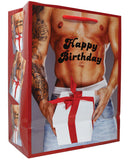 Happy Birthday Man Holding Gift Box w-Red Bow Gift Bag