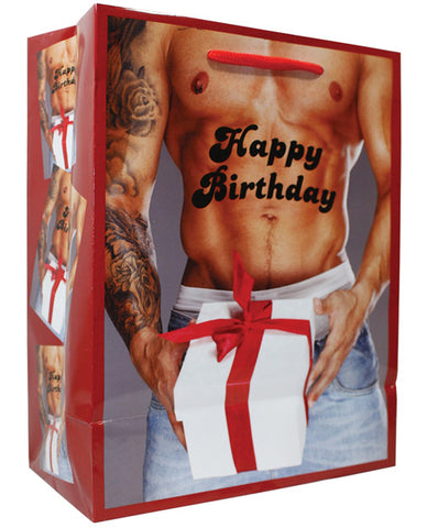 Happy Birthday Man Holding Gift Box w-Red Bow Gift Bag
