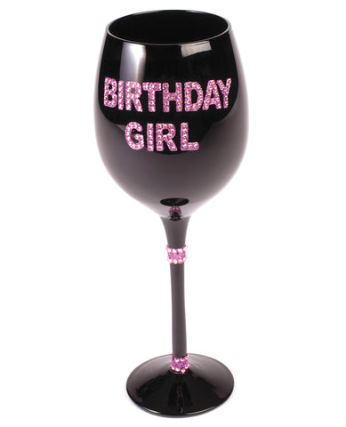 Birthday Girl Wine Glass w-Pink Stones - Black