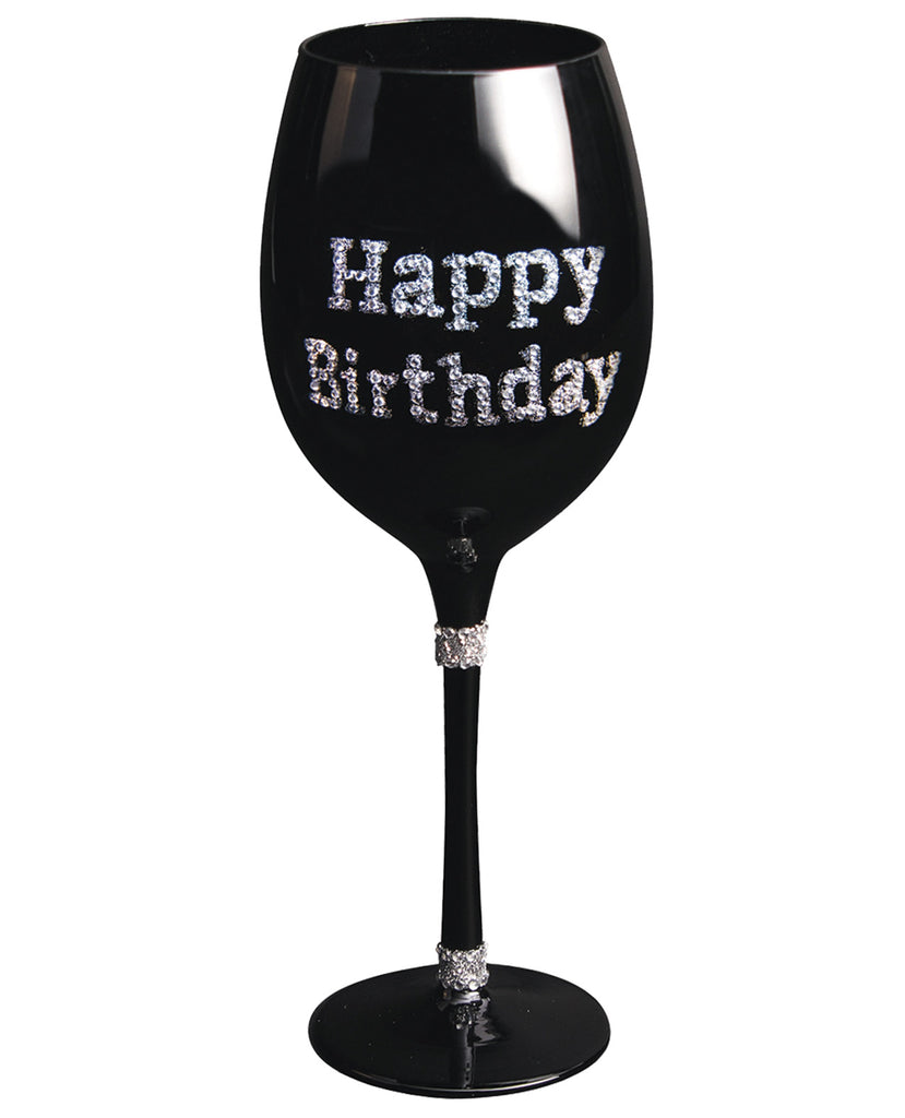 Happy Birthday Wine Glass w-Clear Stones - Black
