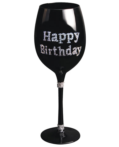 Happy Birthday Wine Glass w-Clear Stones - Black