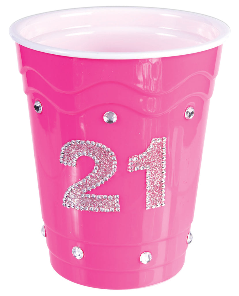 21 Birthday Plastic Cup w-Clear Stones - Pink