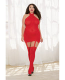 Sheer Dress w-Lace Trim, Attached Garters & Thigh High Stockings (Thong Not Included) Red QN