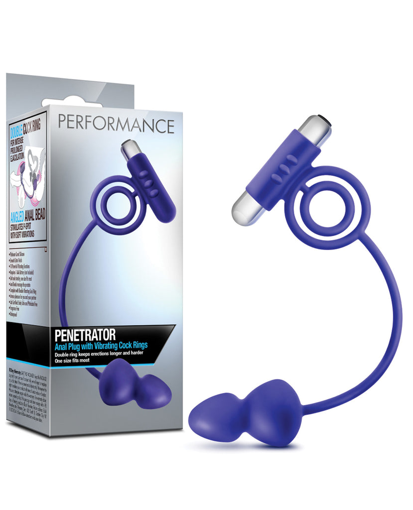 Blush Performance Penetrator Anal Plug w-Vibrating Cock Rings - Indigo