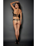 Lace & Microfiber w-Zipper Front Adjustable T-Back Halter & G-String Black 32