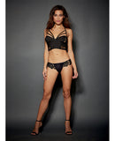 Lace & Microfiber w-Zipper Front Adjustable T-Back Halter & G-String Black 38