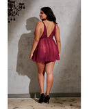 Stretch Mesh Babydoll w-Attached Gold Chain Neckline, Adju Hip Straps & G-String Garnet 2X