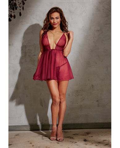 Stretch Mesh Babydoll w-Attached Gold Chain Neckline, Adju Hip Straps & G-String Garnet MD