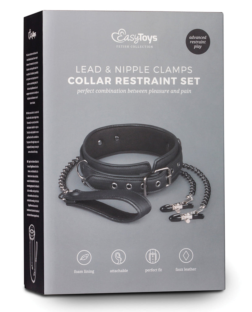 Easy Toys Faux Leather Collar w-Nipple Chains - Black