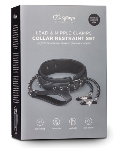 Easy Toys Faux Leather Collar w-Nipple Chains - Black