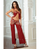 Open Side Sheer Pants & Halter Cami Top w-Wired Cups Maroon Red O-S
