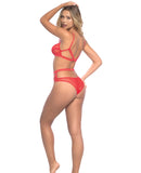 Strappy Elastic & Mesh Soft Cup Bra & Ruched Back Panty Red O-S