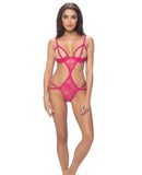 Threaded Lace Shelf Cup Crotchless Teddy w-Mesh Front & Open Back Hot Pink-Black O-S