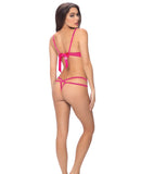 Threaded Lace Shelf Cup Crotchless Teddy w-Mesh Front & Open Back Hot Pink-Black O-S