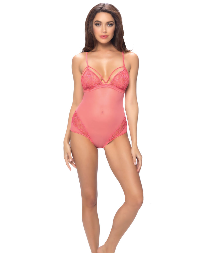 Lace Triangle Top Teddy w-Back Lace Up Coral SM