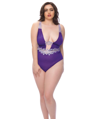 Mesh Plunge Teddy w-Applique Detail Grape-Lilac 1X