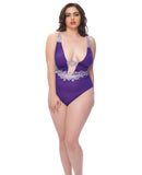 Mesh Plunge Teddy w-Applique Detail Grape-Lilac 3X