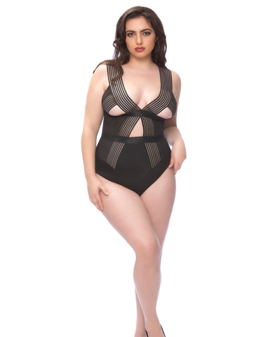 Edgy Elastic Teddy w-Satin Panels & Back Body Keyhole Black 4X