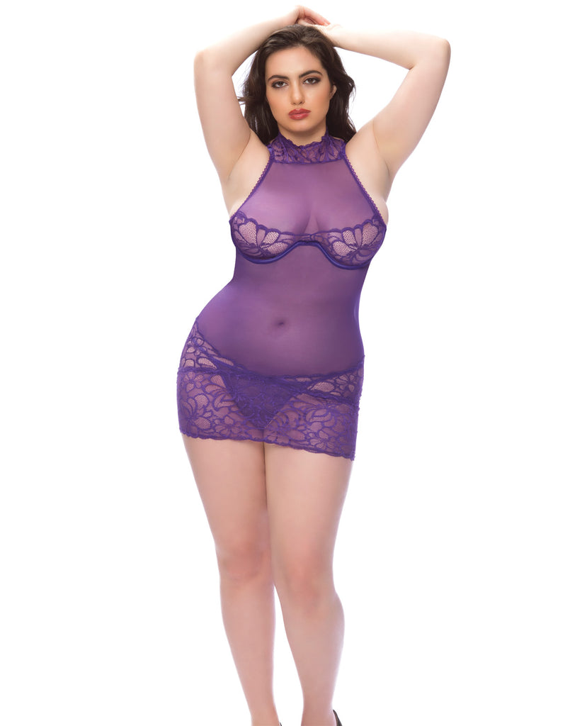 Dramatic Floral High Neck Babydoll w-Lace Hem & G-String Grape 1X