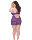 Dramatic Floral High Neck Babydoll w-Lace Hem & G-String Grape 1X