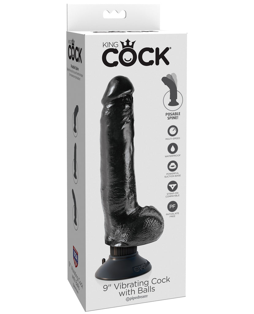 King Cock 9" Vibrating Cock w-Balls - Black