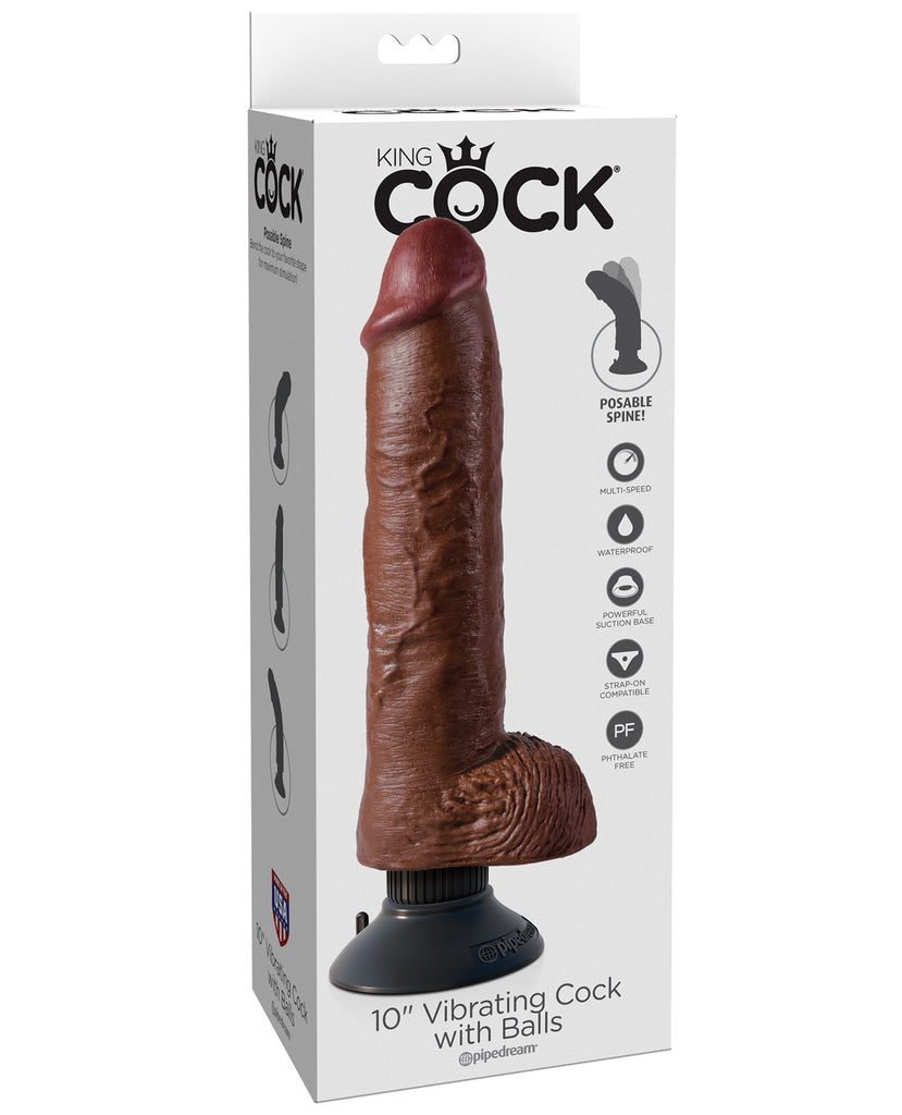 King Cock 10" Vibrating Cock w-Balls - Brown