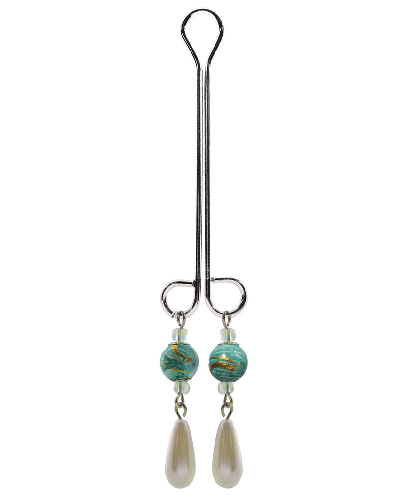Bijoux de Nip Clit Clamp Double Loop w-Pearls & Green Beads