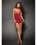 Microfiber & Stretch Chemise w-Undrwre Open Cp w-Atched Collar Strp & Rmvable-Adjb Grts Garnet O-S