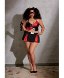 6 pc Stretch Knit Halter Crop w-Zipper & Adjstble Strps, Skit, 2 Masks & 2 Hair Ribbns Blck-Red QN