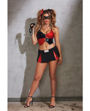6 pc Stretch Knit Halter Crop w-Zipper & Adjstble Strps, Skit, 2 Masks & 2 Hair Ribbns Blck-Red OS