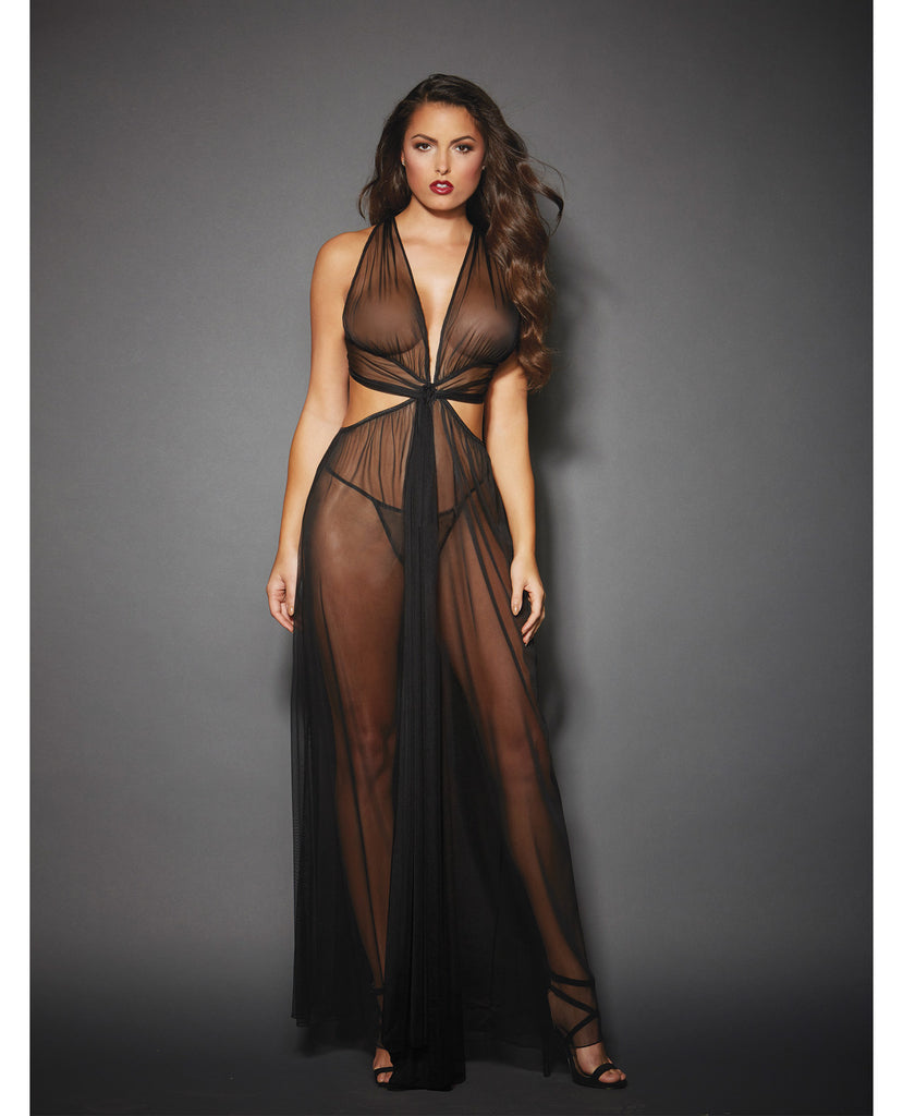 Sheer Mesh Gown w-Cut Out Sides & Ties in Back w-G-String Black O-S