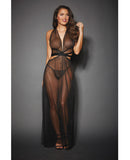 Sheer Mesh Gown w-Cut Out Sides & Ties in Back w-G-String Black O-S