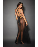 Sheer Mesh Gown w-Cut Out Sides & Ties in Back w-G-String Black O-S