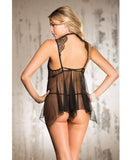 Eyelash Lace Babydoll w-High Collar & Net Skirt & G-String Black LG