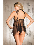 Eyelash Lace Babydoll w-High Collar & Net Skirt & G-String Black MD