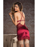 Holiday Stretch Lace Chemise w-Adjustable Straps, Garters & G-String Wine XL