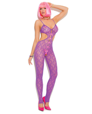 Vivace Lace Bodystocking w-Satin Bow Detail Neon Purple O-S