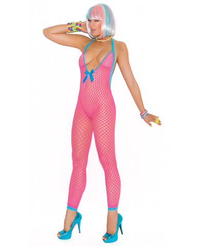 Vivace Crochet Bodystocking w-Peek a Boo Back Neon Pink O-S