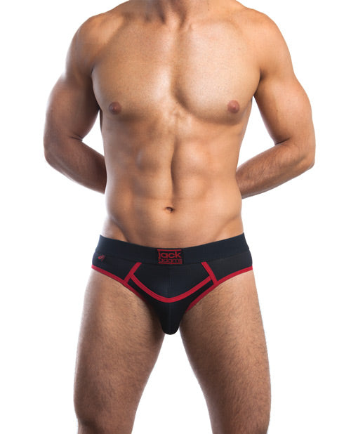 Jack Adams Bodyflex Mesh Army Fly Jock Brief w-Roomy Front Pouch Black-Red LG
