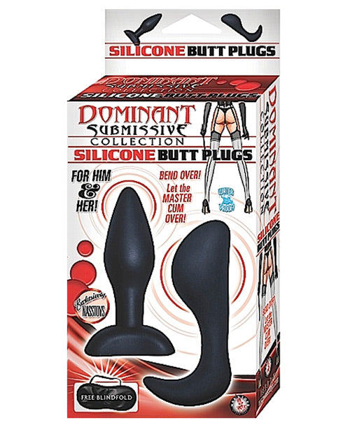Dominant Submissive Collection 2 Silicone Butt Plugs w-Blindfold - Black