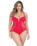 V-Plunge Satin Skirted Teddy w-Snap Crotch Red 4X