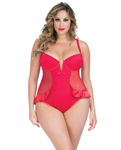 V-Plunge Satin Skirted Teddy w-Snap Crotch Red 4X