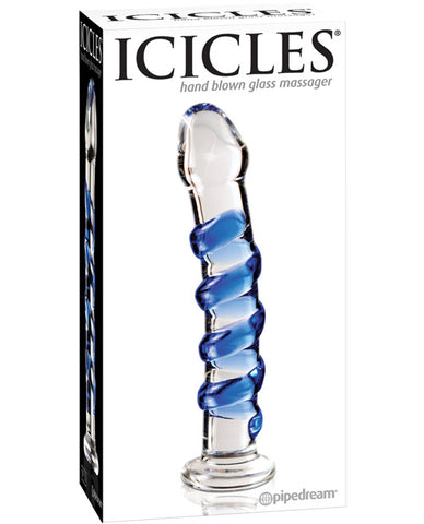 Icicles No. 5 Hand Blown Glass Massager - Clear w-Blue Swirls