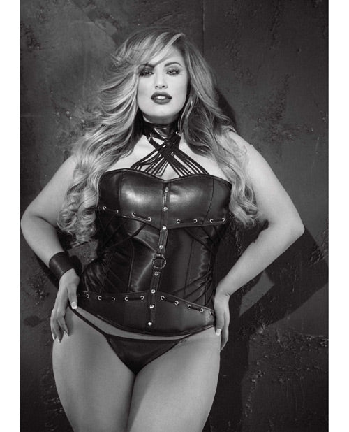 Faux Leather Strappy Neck Corset w/Side Zipper & Lace Up Back & G-String