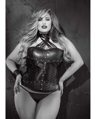 Faux Leather Strappy Neck Corset w/Side Zipper & Lace Up Back & G-String