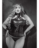Faux Leather Strappy Neck Corset w/Side Zipper & Lace Up Back & G-String